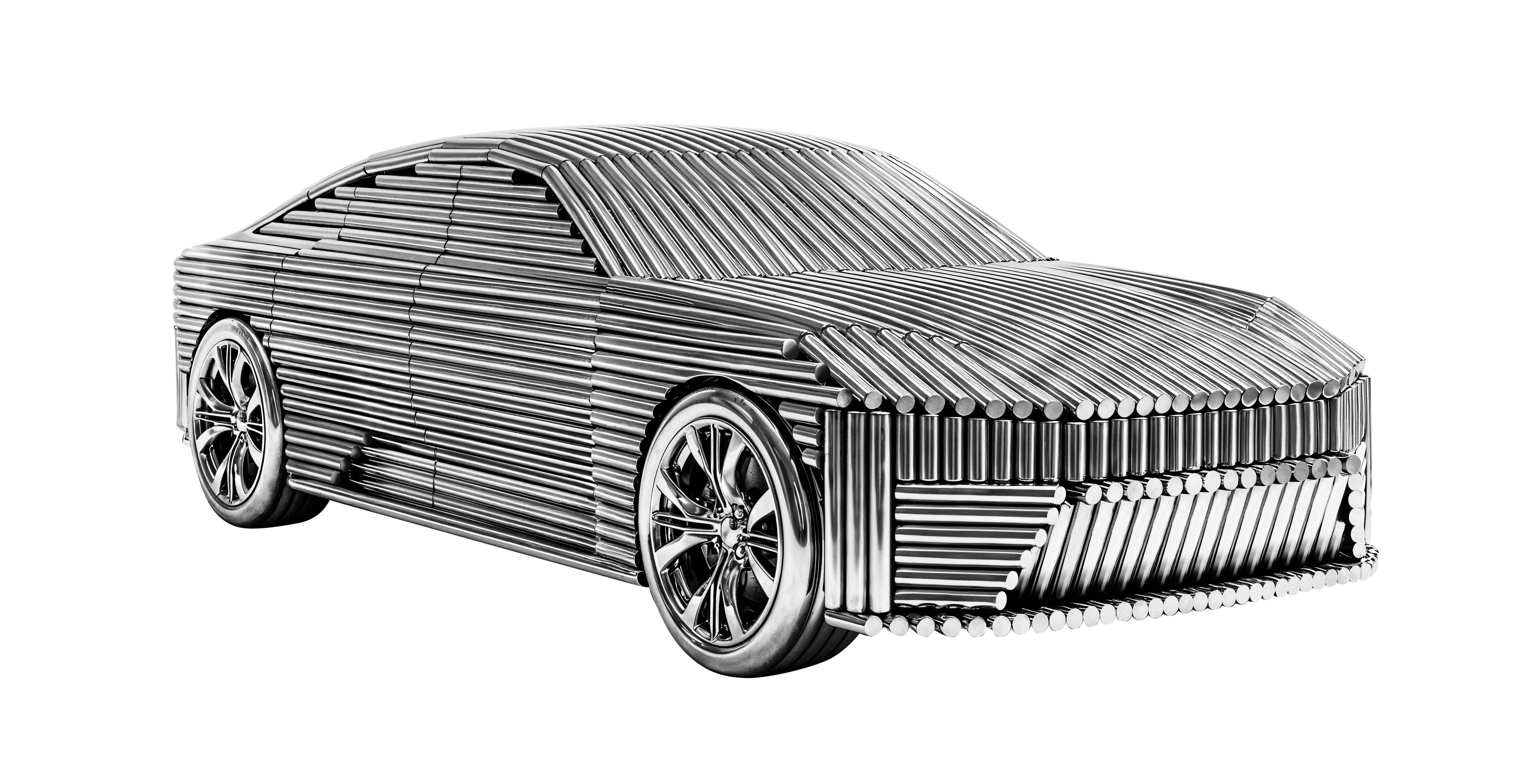 Monochromatic line drawing of a modern sedan car shown in three-quarter view with detailed wireframe styling