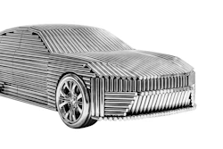 Monochromatic line drawing of a modern sedan car shown in three-quarter view with detailed wireframe styling