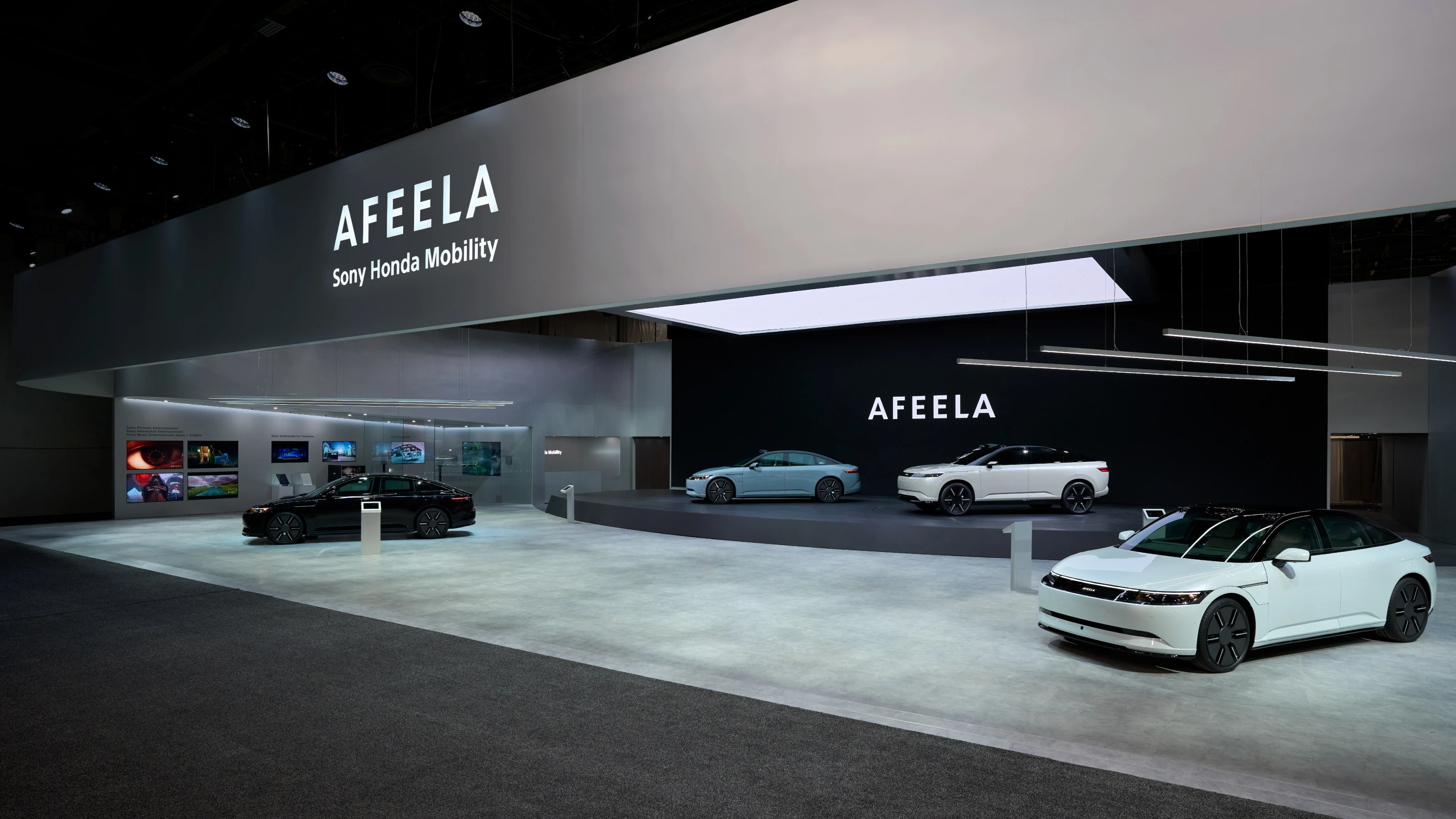 AFEELA by Sony Honda Mobility showroom display with electric vehicles and brand signage