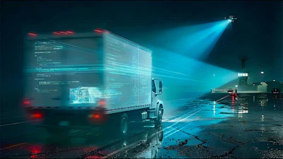 Futuristic delivery truck with holographic data overlay in nighttime industrial setting under blue spotlight