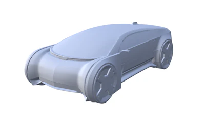 3D rendered concept car with sleek silver design, curved body, and modern wheels on white background