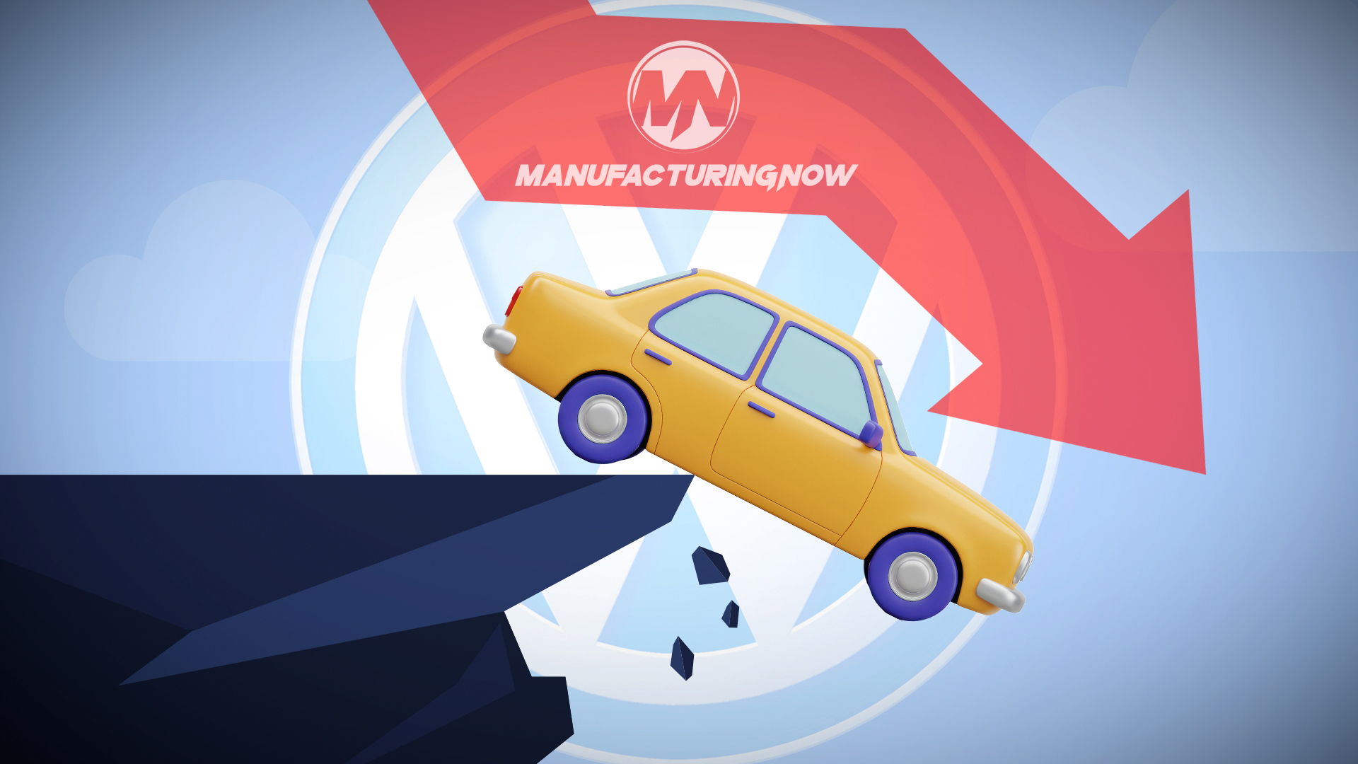Yellow car falling off cliff with ManufacturingNow branding and red downward arrow indicating decline