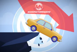 Yellow car falling off cliff with ManufacturingNow branding and red downward arrow indicating decline