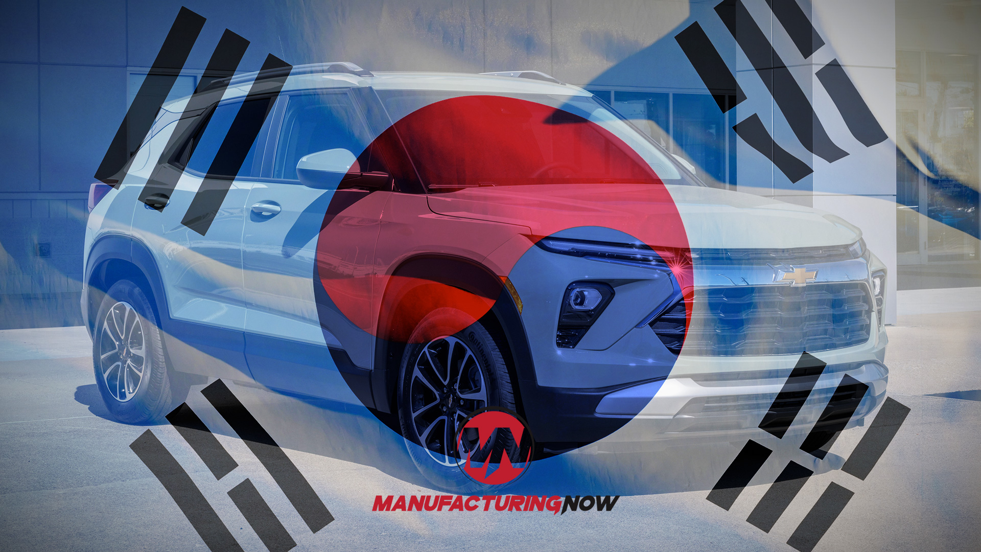 South Korean flag design overlaid with blue and red Hyundai vehicles and 'Manufacturing Now' text