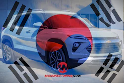 South Korean flag design overlaid with blue and red Hyundai vehicles and 'Manufacturing Now' text