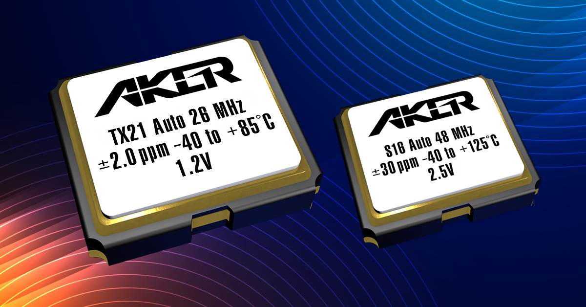 Two Aker crystal oscillators with specifications displayed on white labels against a blue gradient background