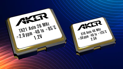 Two Aker crystal oscillators with specifications displayed on white labels against a blue gradient background