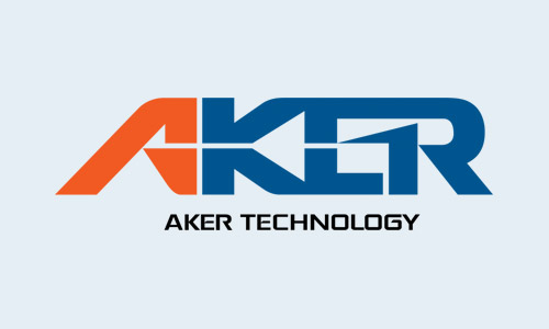 Aker Technology logo featuring geometric orange and blue letterforms with company name