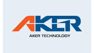 Aker Technology logo featuring geometric orange and blue letterforms with company name