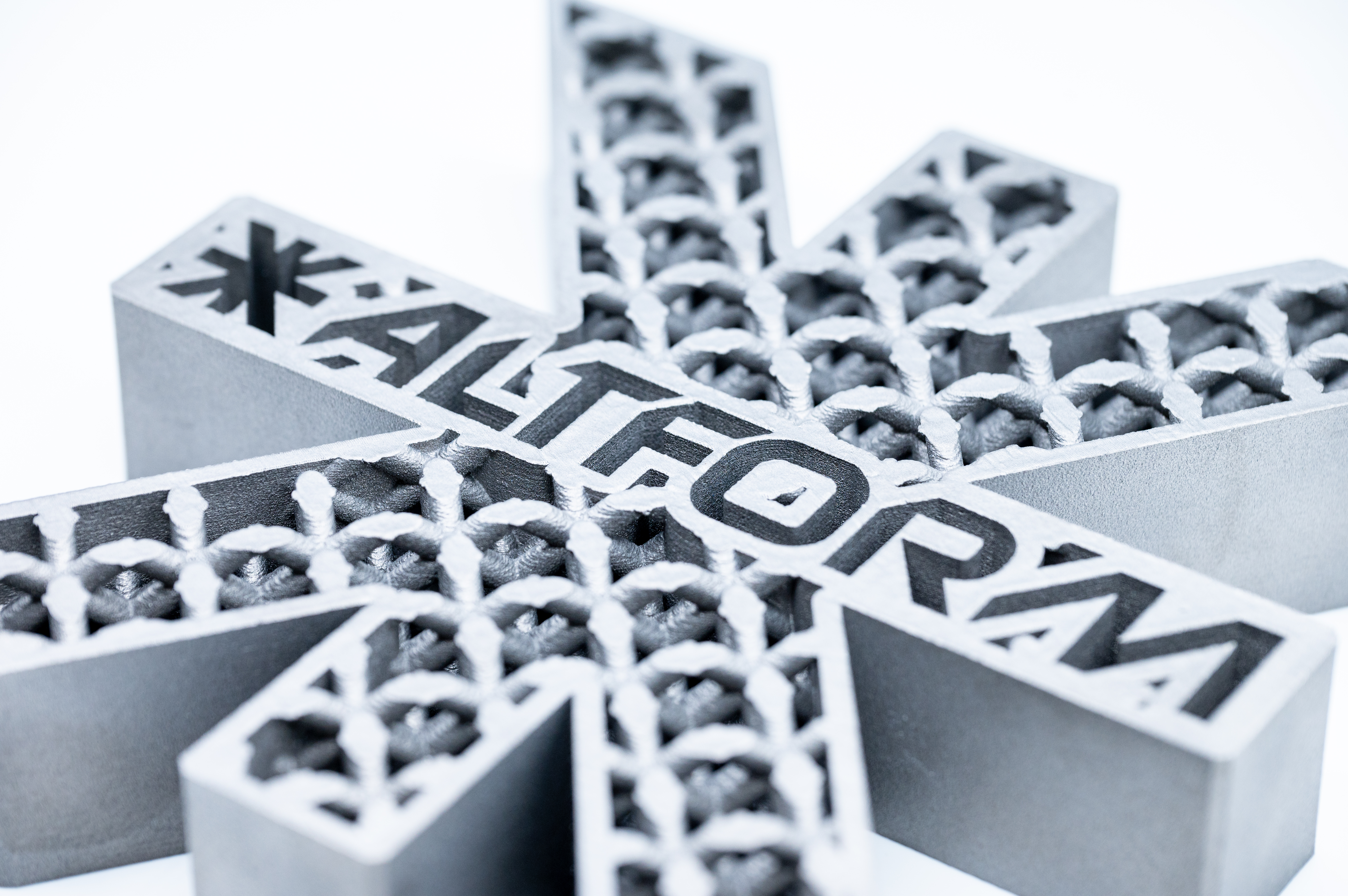 Saltrom 3D geometric logo with perforated lattice design in monochromatic white and black