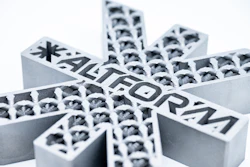 Saltrom 3D geometric logo with perforated lattice design in monochromatic white and black