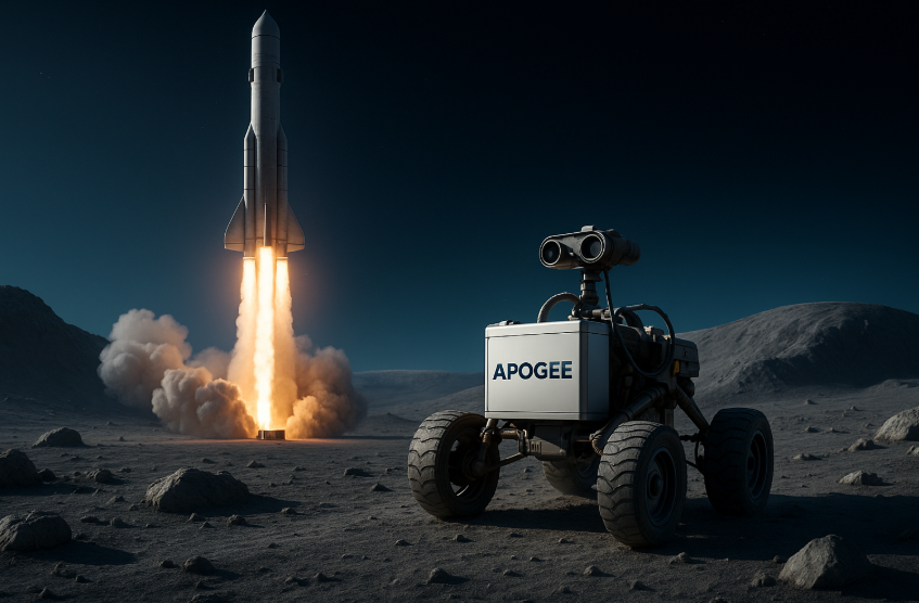APOGEE rover with binoculars observes rocket launch on lunar surface at dusk