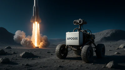 APOGEE rover with binoculars observes rocket launch on lunar surface at dusk