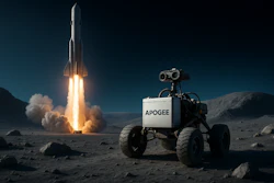 APOGEE rover with binoculars observes rocket launch on lunar surface at dusk