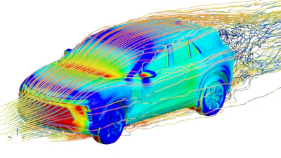 Aerodynamic CFD simulation showing airflow patterns around a sports car in blue, cyan, and yellow heat map visualization