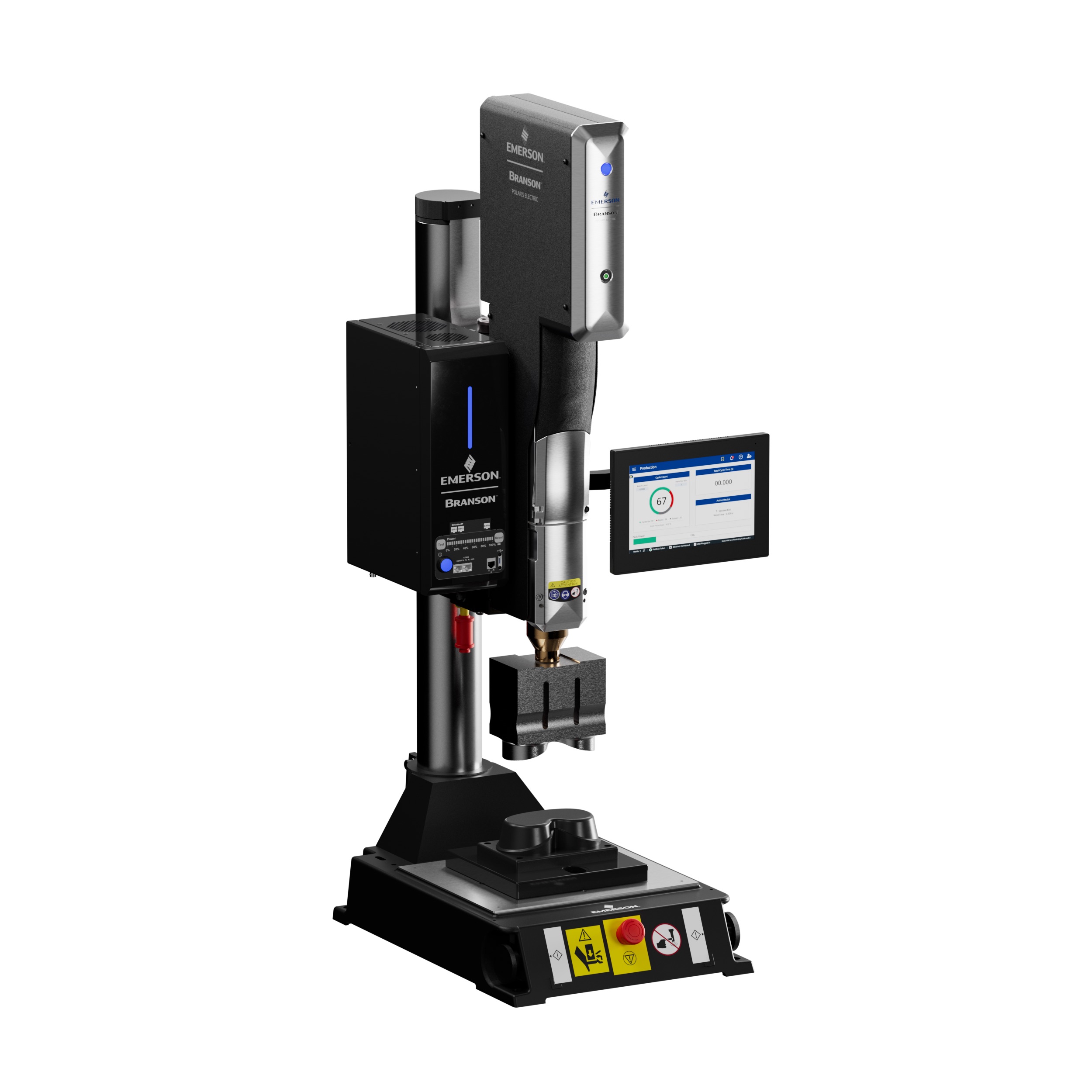 Emerson ultrasonic welding machine with control unit, touchscreen display, and welding head assembly