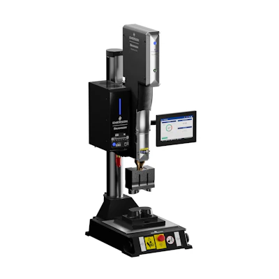 Emerson ultrasonic welding machine with control unit, touchscreen display, and welding head assembly