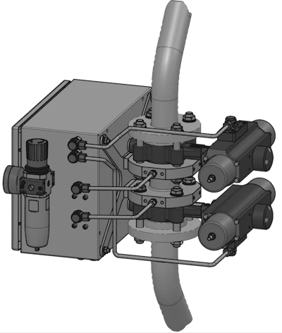 Grayscale technical diagram of industrial hydraulic pump system with dual motors and control panel