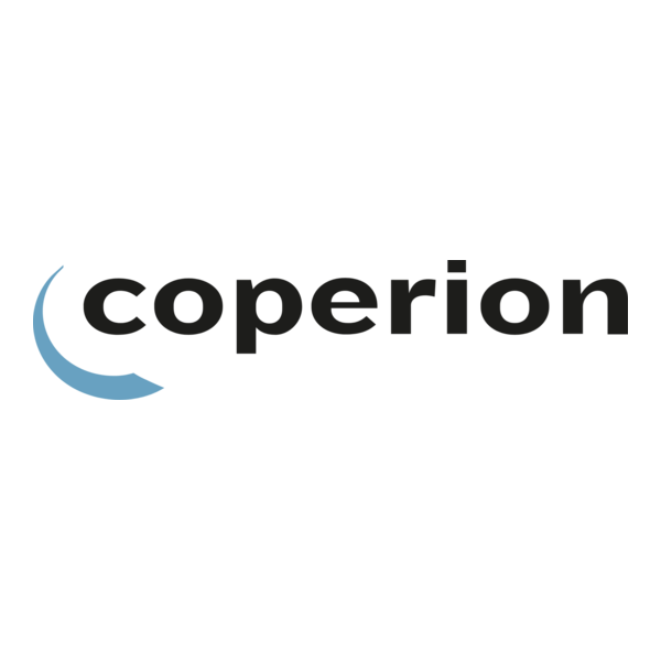 Coperion logo featuring a blue crescent symbol with black sans-serif text