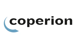 Coperion logo featuring a blue crescent symbol with black sans-serif text