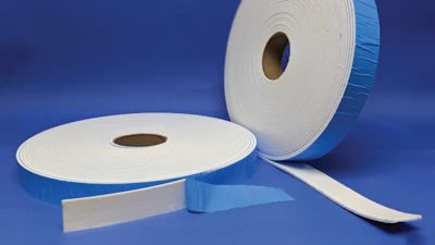 Rolls of white and blue foam weather stripping tape displayed on blue background