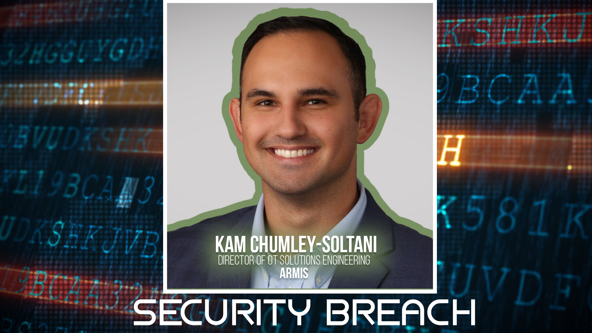 Professional headshot of Kam Chumley-Soltani, Director of GT Solutions Engineering at ARMS, with security breach warning overlay and digital background