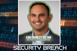 Professional headshot of Kam Chumley-Soltani, Director of GT Solutions Engineering at ARMS, with security breach warning overlay and digital background