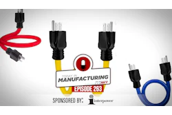 Today's Manufacturing Episode 263 logo with red and yellow electrical power cords, sponsored by Interpower