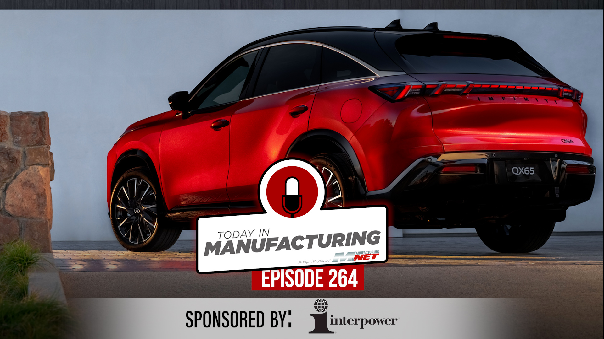 Red QX65 luxury SUV parked on coastal overlook for Today in Manufacturing Episode 264 sponsored by Interpower