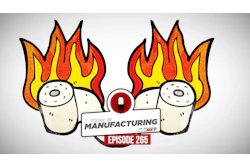 Manufacturing podcast logo featuring two flaming cylindrical objects with red, orange, and yellow flames, episode 265 badge