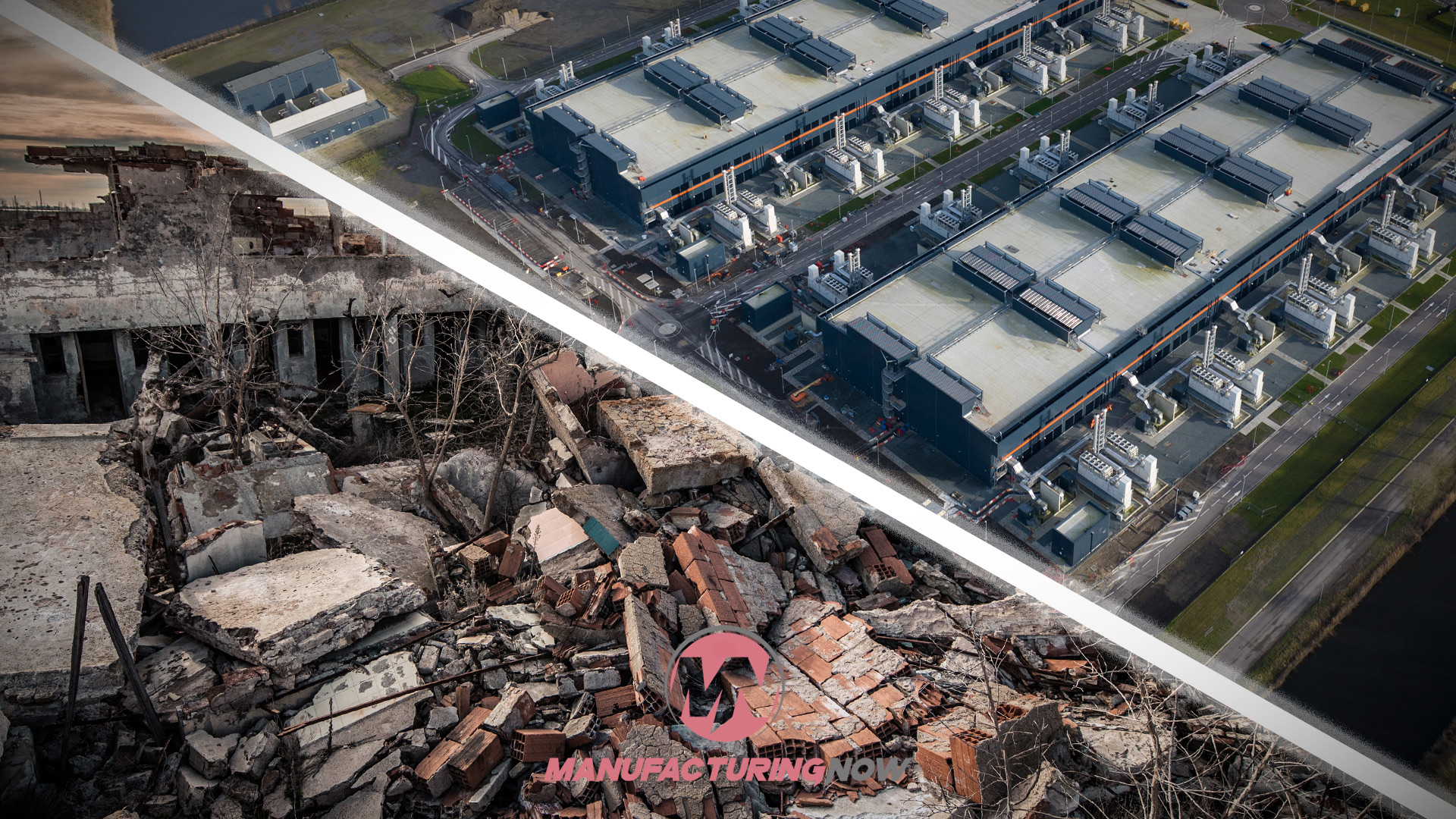 Aerial view contrasting abandoned industrial ruins with modern manufacturing facility featuring white roofs and equipment