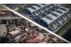 Aerial view contrasting abandoned industrial ruins with modern manufacturing facility featuring white roofs and equipment