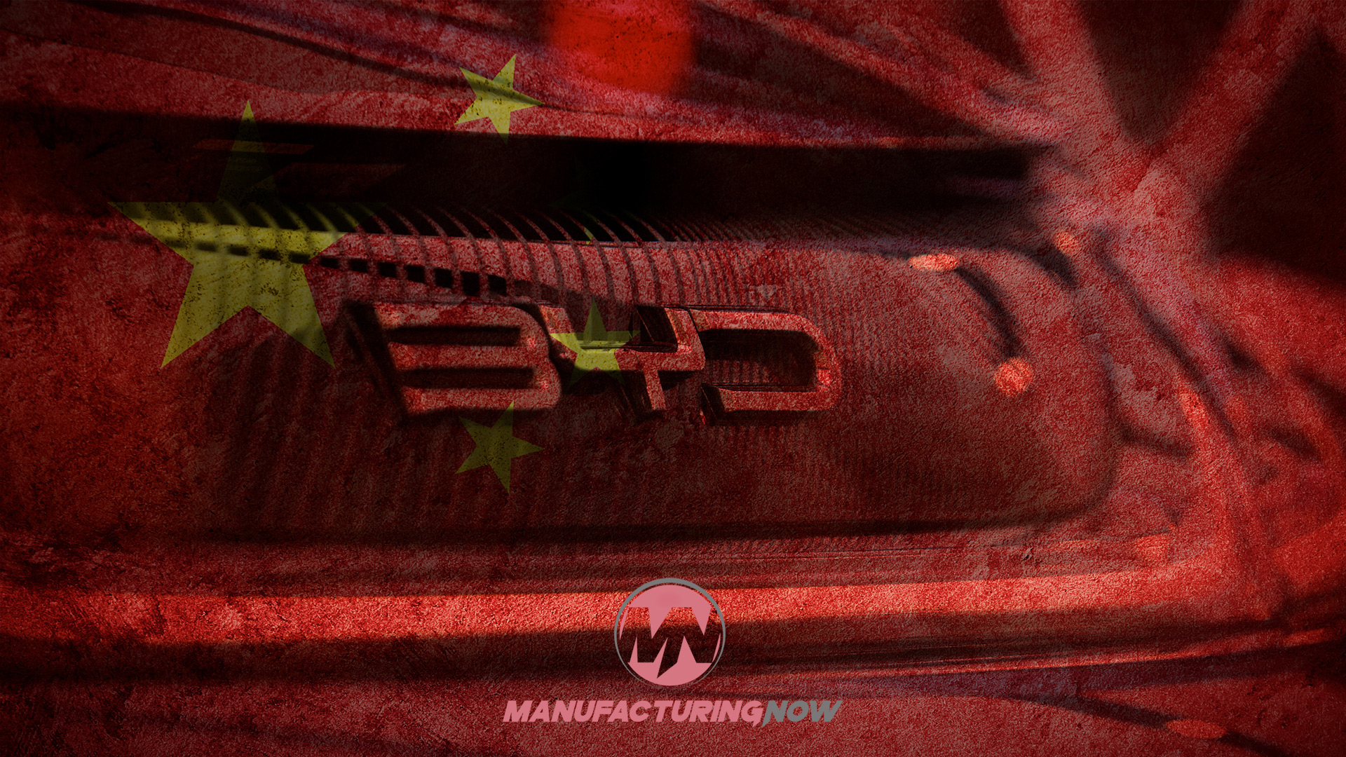 Chinese flag and '340' emblem on red fabric with ManufacturingNow branding