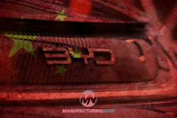 Chinese flag and '340' emblem on red fabric with ManufacturingNow branding