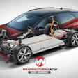 Volkswagen electric vehicle cutaway showing battery pack, motor, and drivetrain components with Manufacturing Now branding