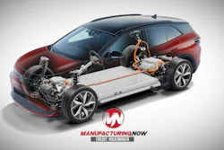 Volkswagen electric vehicle cutaway showing battery pack, motor, and drivetrain components with Manufacturing Now branding