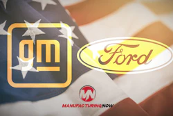 GM, Ford, and Manufacturing Now logos displayed on American flag background symbolizing domestic automotive manufacturing
