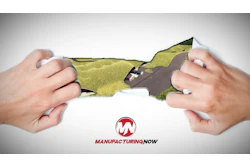 Hands tearing paper revealing industrial landscape with ManufacturingNow logo