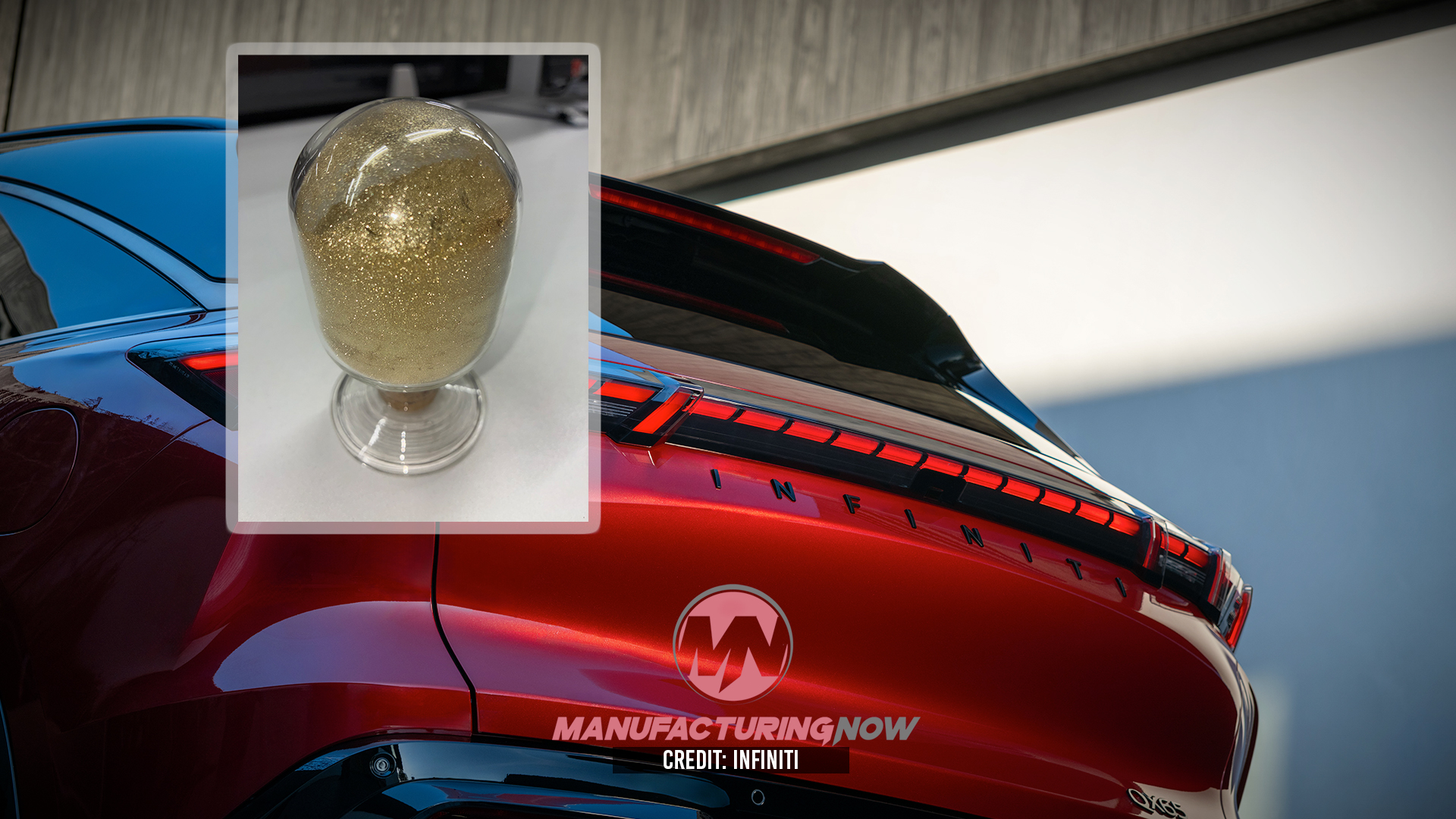 Red Infiniti vehicle with gold trophy inset, featuring Manufacturing Now branding and credit to Infiniti