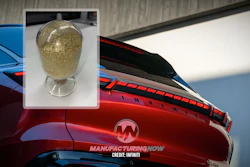 Red Infiniti vehicle with gold trophy inset, featuring Manufacturing Now branding and credit to Infiniti