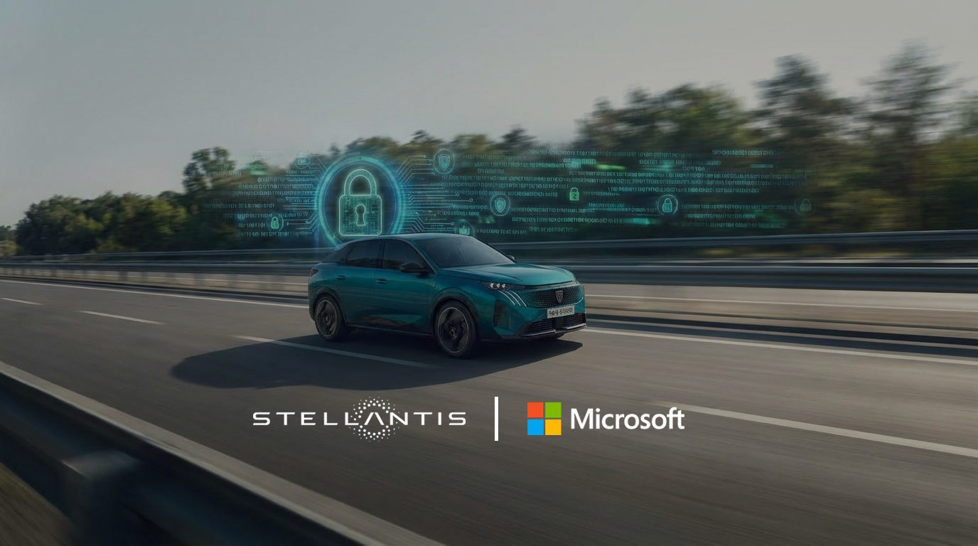 Teal electric vehicle on highway with digital security visualization and Stellantis-Microsoft partnership branding