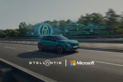 Teal electric vehicle on highway with digital security visualization and Stellantis-Microsoft partnership branding