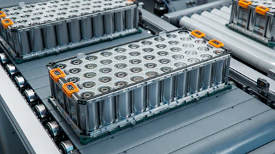 Industrial battery modules with orange accents mounted on gray vehicle platform