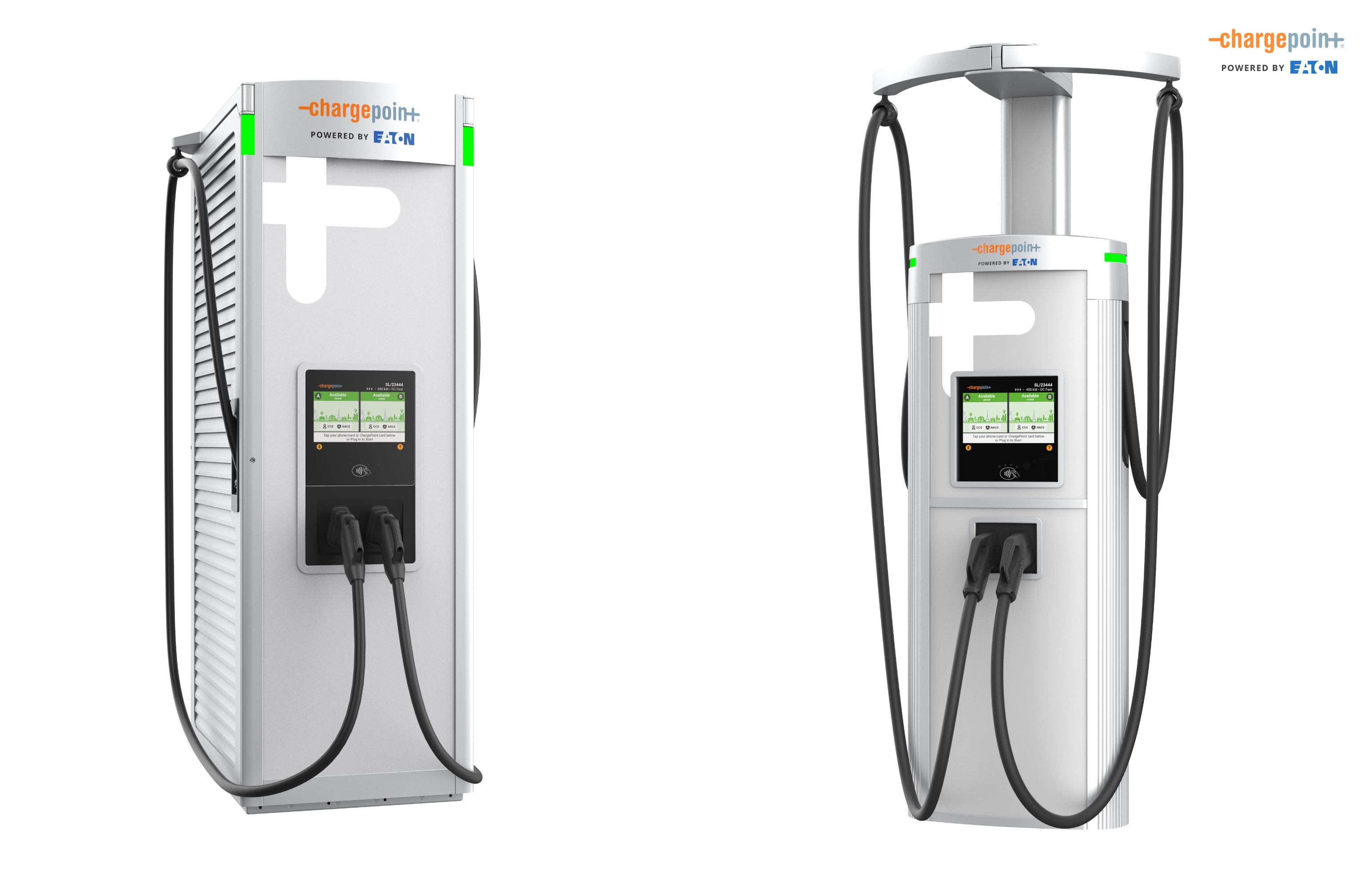 Two white ChargePoint electric vehicle charging stations with digital displays and black charging cables