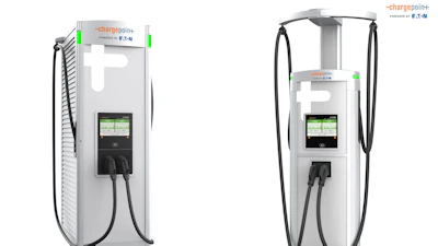 Two white ChargePoint electric vehicle charging stations with digital displays and black charging cables
