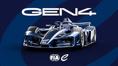 GEN4 Formula E electric race car on dark blue background with FIA e-Prix branding
