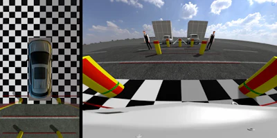 Vehicle testing facility with overhead view of car approaching zebra crossing and safety barriers