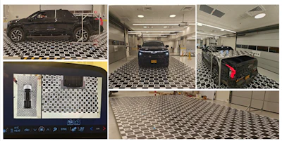 Automotive showroom with luxury vehicles on black and white checkered flooring and software interface displaying vehicle imaging