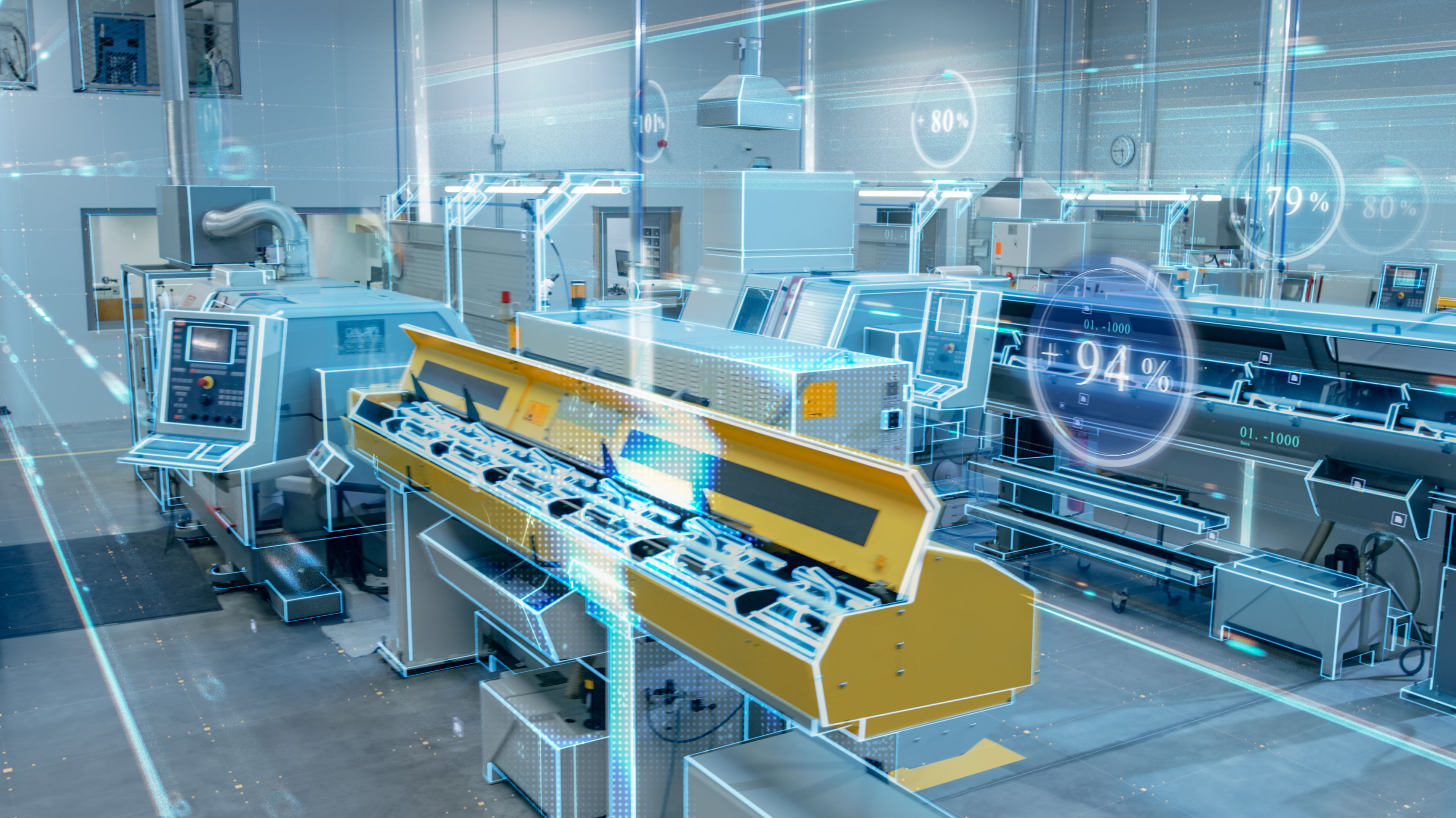 Modern industrial facility with yellow machinery, blue equipment, and digital performance metrics displayed as holographic overlays.