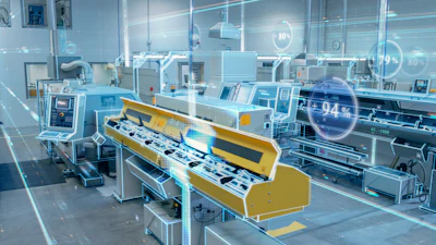 Modern industrial facility with yellow machinery, blue equipment, and digital performance metrics displayed as holographic overlays.